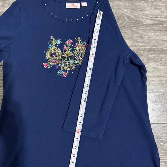 Vintage Quacker Factory Navy Top with Beautiful Birdcage Embroidery 3/4 Sleeve M - Picture 11 of 13